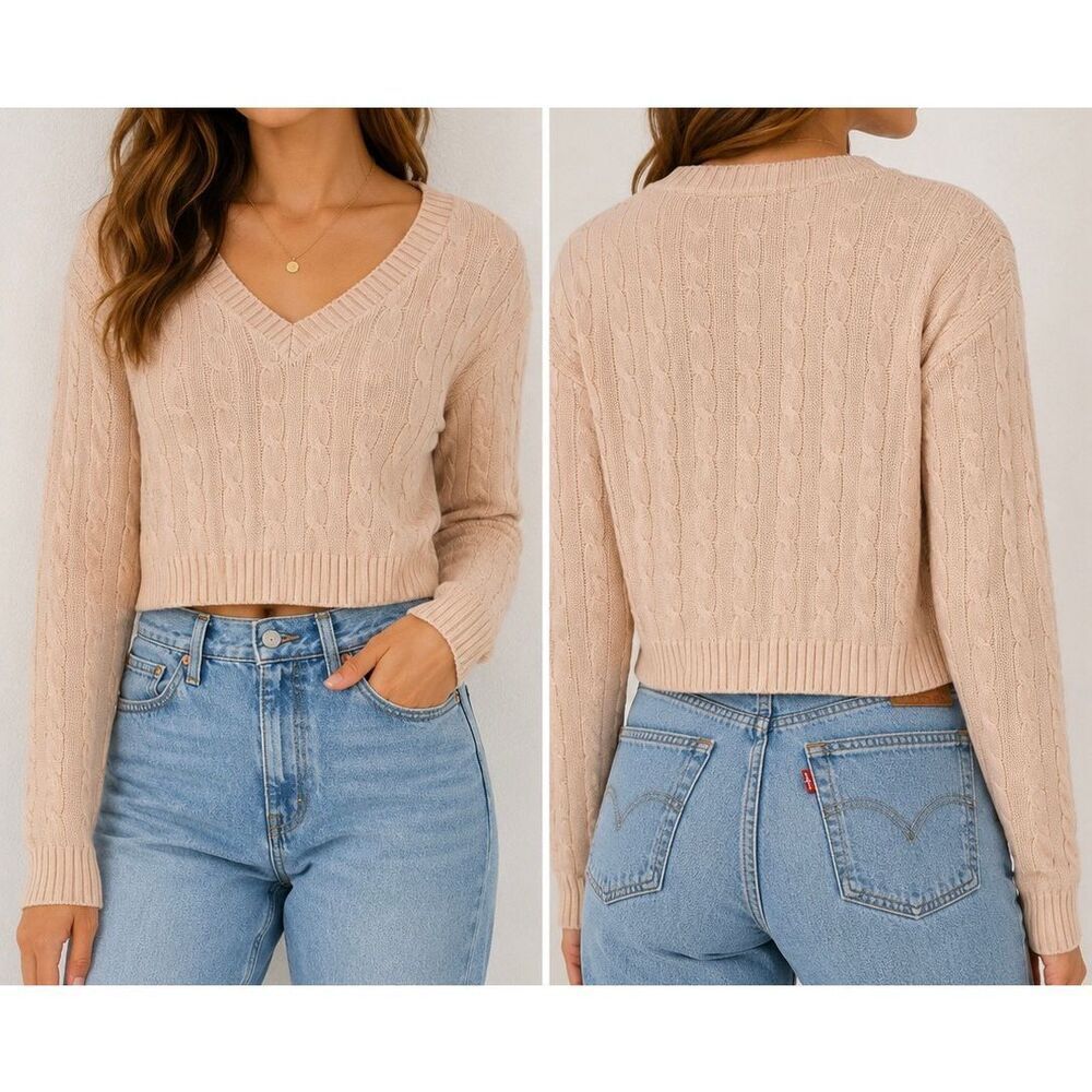 Brandy Melville Cable Knit V-Neck Cropped Sweater Blush Pink One Size